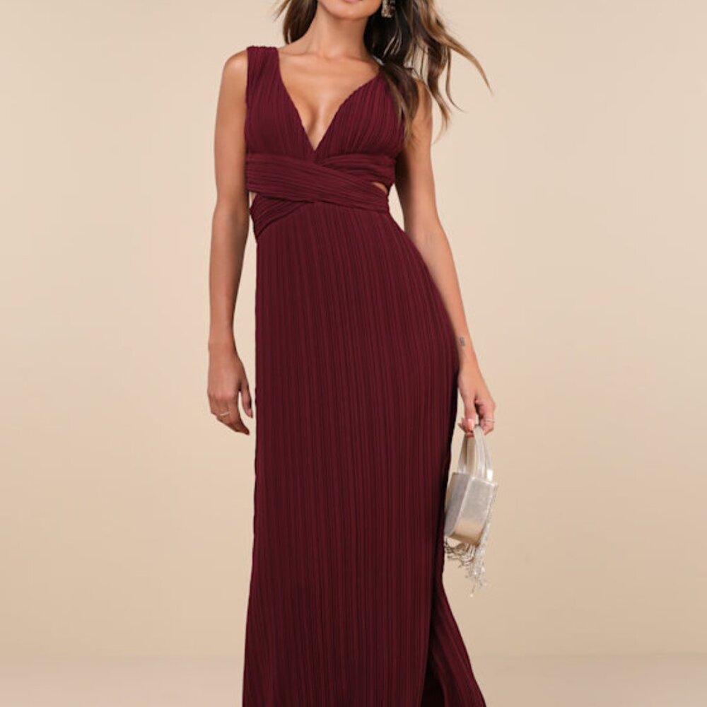 Lulus Compelling Poise Burgundy Plisse Cutout Sleeveless Maxi Dress Red - Size S